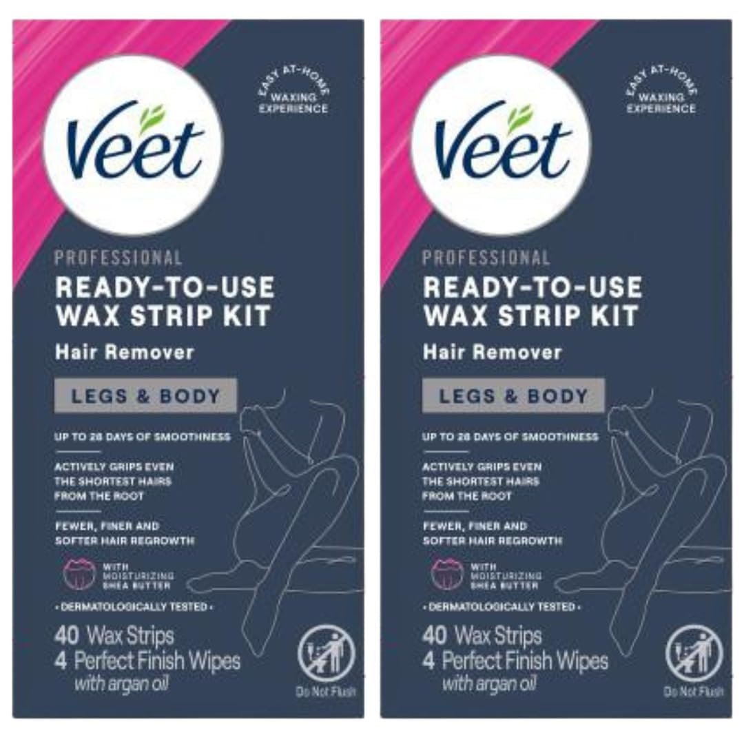 Veet Bein- & Körper-Haarentfernungs-Kit – Empfindliche Formel, gebrauchsfertige Kaltwachsstreifen mit Sheabutter & Acai-Duft, 44 Stück (2er-Pack)