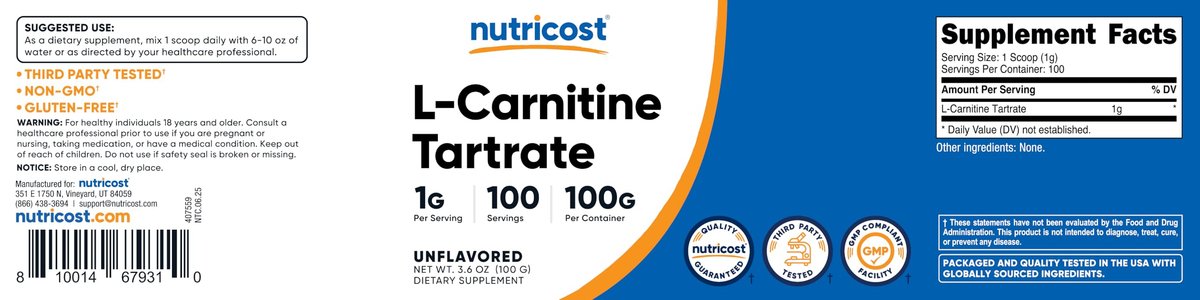 Nutricost L-Carnitin-Tartrat Pulver (100 g) – 1 g pro Portion, 100 Portionen