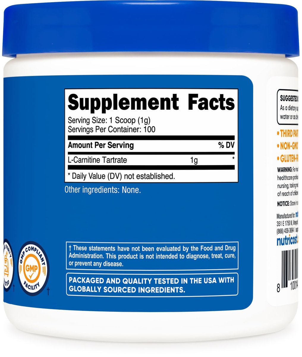 Nutricost L-Carnitin-Tartrat Pulver (100 g) – 1 g pro Portion, 100 Portionen