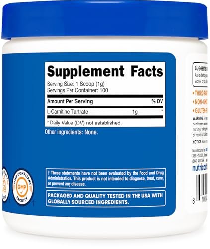 Nutricost L-Carnitin-Tartrat Pulver (100 g) – 1 g pro Portion, 100 Portionen
