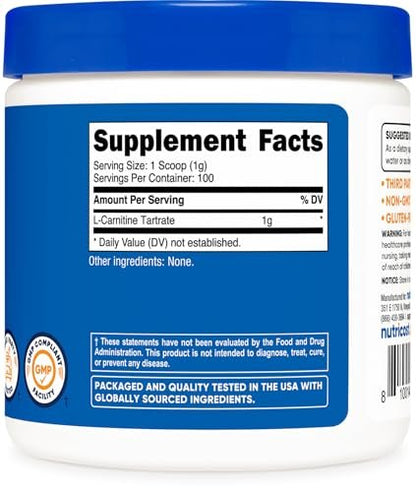 Nutricost L-Carnitin-Tartrat Pulver (100 g) – 1 g pro Portion, 100 Portionen