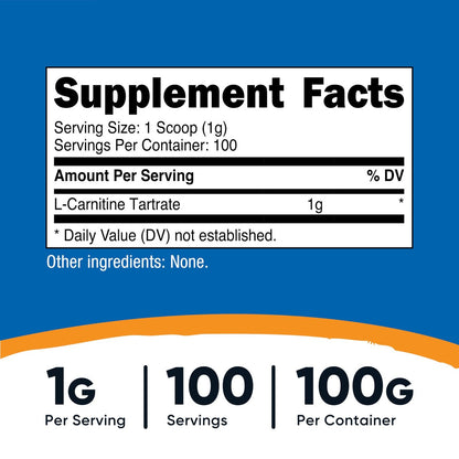 Nutricost L-Carnitin-Tartrat Pulver (100 g) – 1 g pro Portion, 100 Portionen