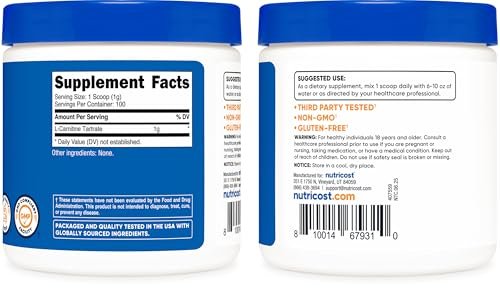 Nutricost L-Carnitin-Tartrat Pulver (100 g) – 1 g pro Portion, 100 Portionen