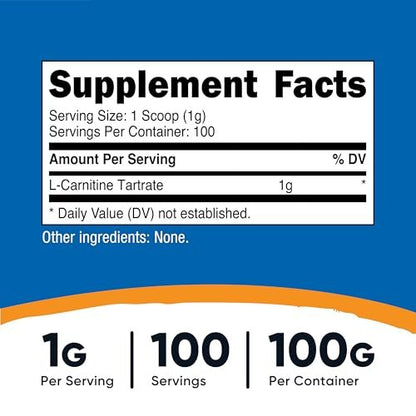 Nutricost L-Carnitin-Tartrat Pulver (100 g) – 1 g pro Portion, 100 Portionen