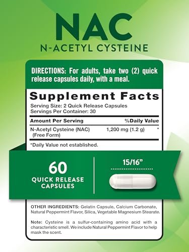 Nature's Truth NAC Supplement | N-Acetylcystein | Freie Form Aminosäure | 1200 mg | 60 Kapseln | Non-GMO und Glutenfrei