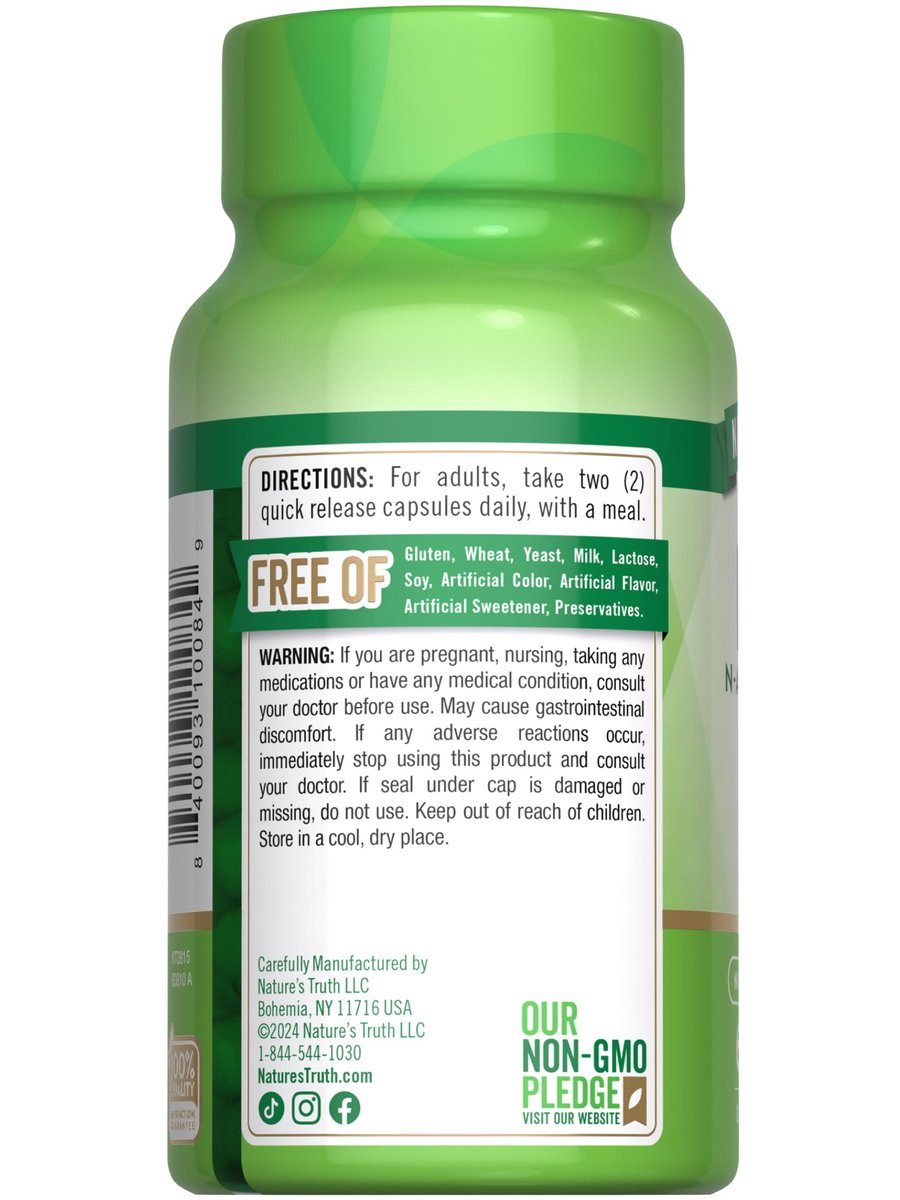 Nature's Truth NAC Supplement | N-Acetylcystein | Freie Form Aminosäure | 1200 mg | 60 Kapseln | Non-GMO und Glutenfrei