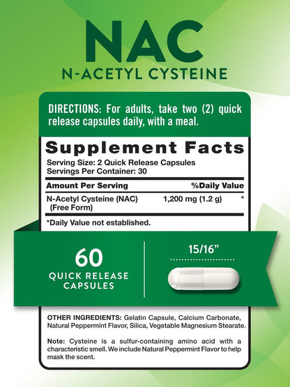 Nature's Truth NAC Supplement | N-Acetylcystein | Freie Form Aminosäure | 1200 mg | 60 Kapseln | Non-GMO und Glutenfrei