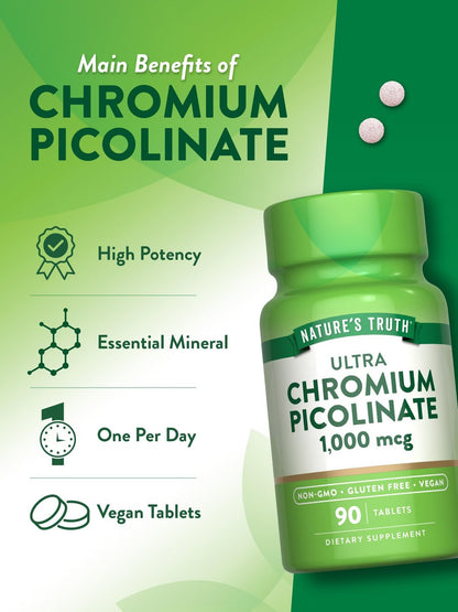 Nature's Truth Ultra Chrompicolinat 1000mcg | 90 Tabletten | Vegan, Nicht-GMO & Glutenfrei