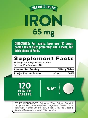 Nature's Truth Eisenpräparat | 65 mg | 120 Tabletten | 325 mg Eisensulfat | Nicht-GVO & Glutenfrei