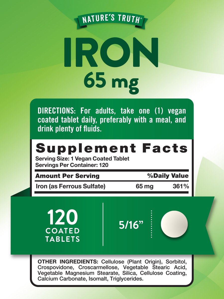 Nature's Truth Eisenpräparat | 65 mg | 120 Tabletten | 325 mg Eisensulfat | Nicht-GVO & Glutenfrei