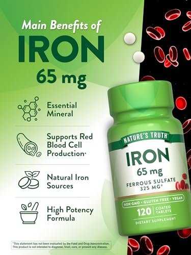 Nature's Truth Eisenpräparat | 65 mg | 120 Tabletten | 325 mg Eisensulfat | Nicht-GVO & Glutenfrei