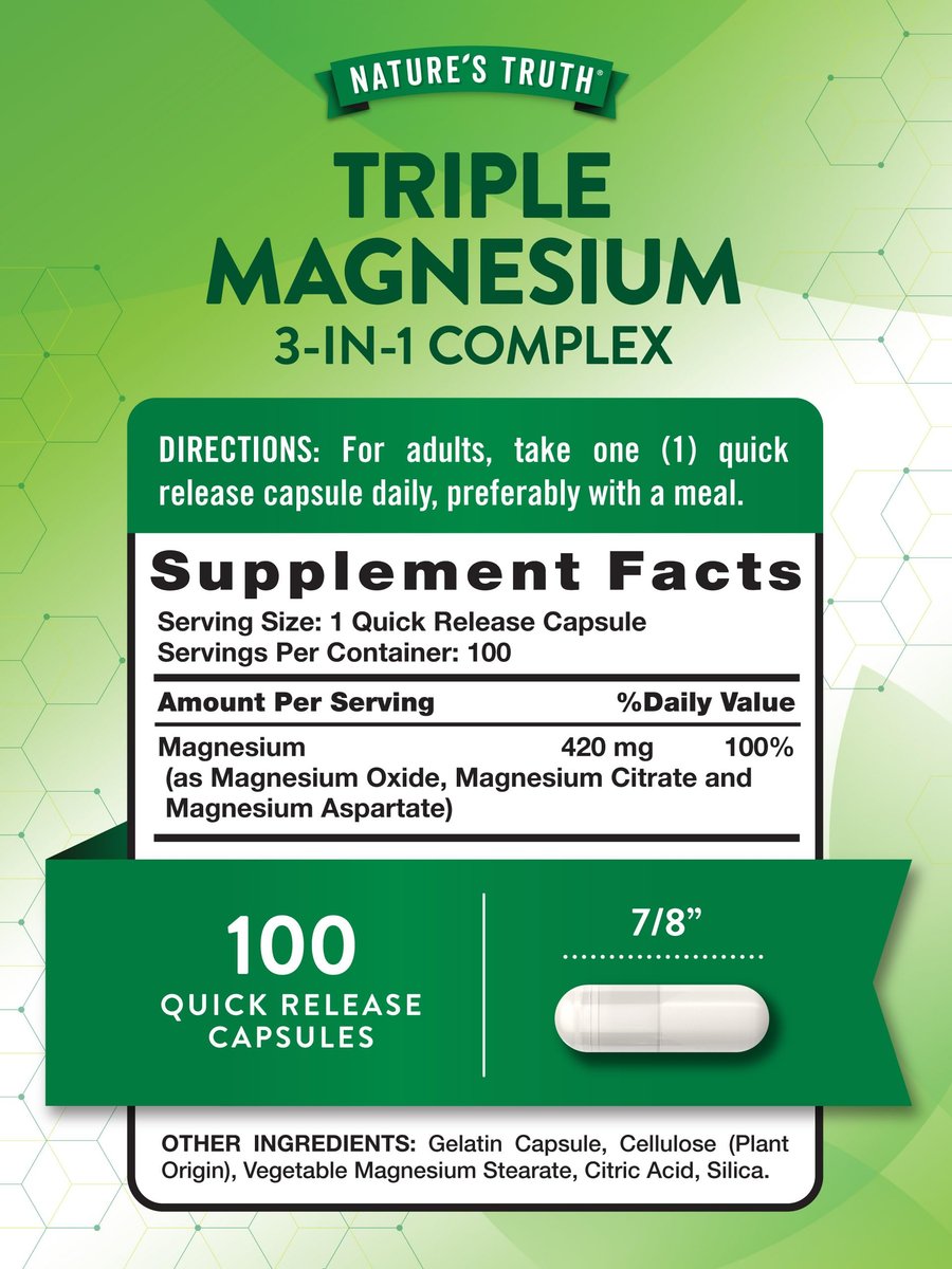 Nature's Truth Triple Magnesium Complex – 100 Kapseln mit 420 mg Magnesiumoxid, -citrat & -aspartat – Non-GMO & glutenfrei