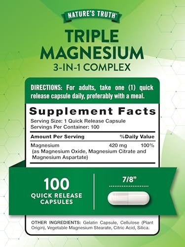 Nature's Truth Triple Magnesium Complex – 100 Kapseln mit 420 mg Magnesiumoxid, -citrat & -aspartat – Non-GMO & glutenfrei