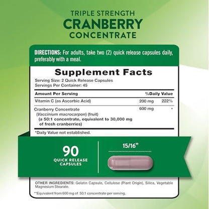 Nature's Truth Cranberry Konzentrat Kapseln mit Vitamin C – Dreifach-Stärke Unterstützung, Non-GMO & Glutenfrei, 90 Kapseln