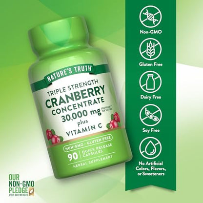 Nature's Truth Cranberry Konzentrat Kapseln mit Vitamin C – Dreifach-Stärke Unterstützung, Non-GMO & Glutenfrei, 90 Kapseln