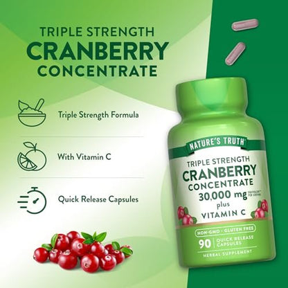 Nature's Truth Cranberry Konzentrat Kapseln mit Vitamin C – Dreifach-Stärke Unterstützung, Non-GMO & Glutenfrei, 90 Kapseln