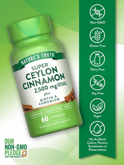 Nature's Truth Ceylon Zimt Kapseln mit Chrom und Biotin | 60 Kapseln | Vegan, Non-GMO & Glutenfrei