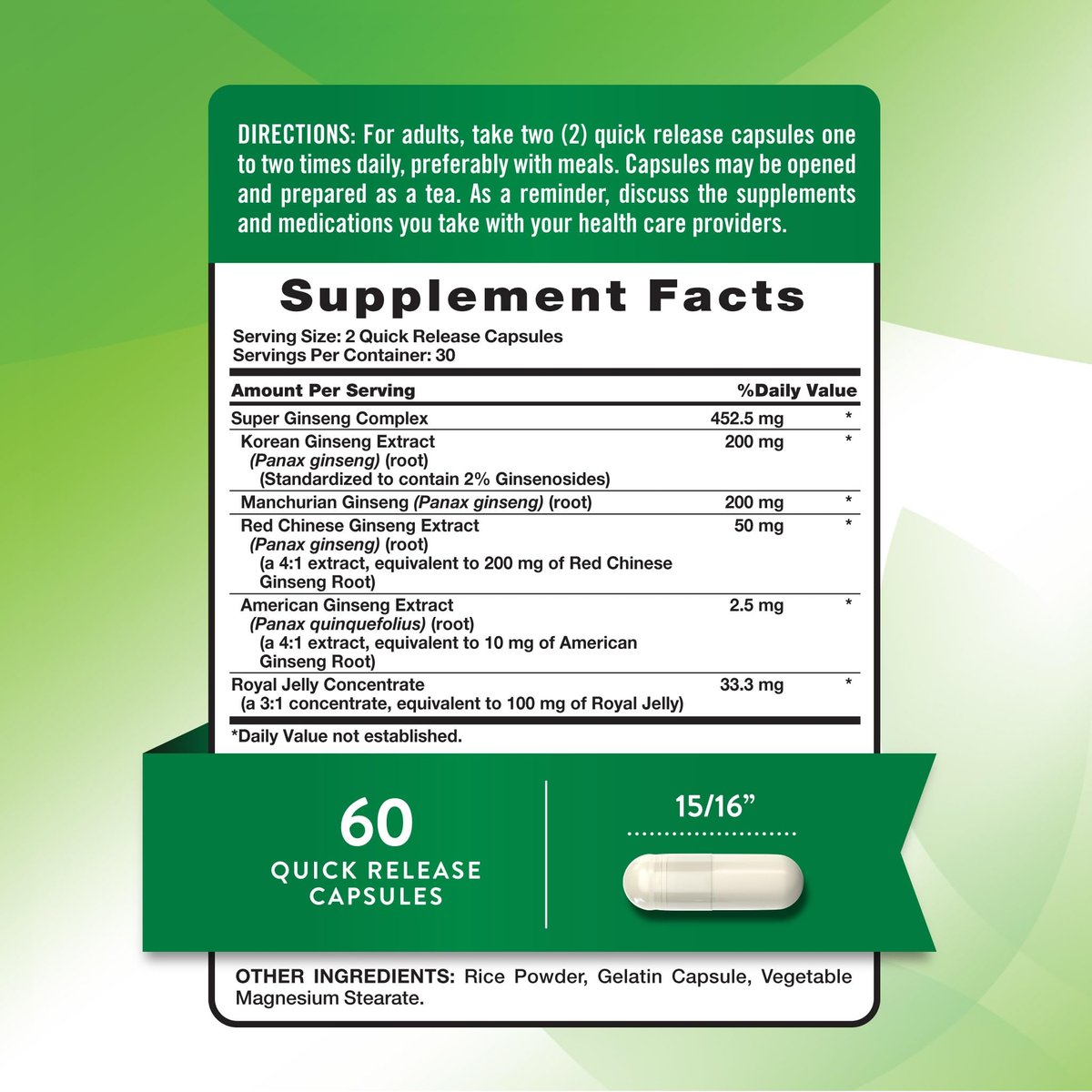 Nature's Truth Super Ginseng Complex mit Gelée Royale | 60 Kapseln | Non-GMO & Glutenfrei