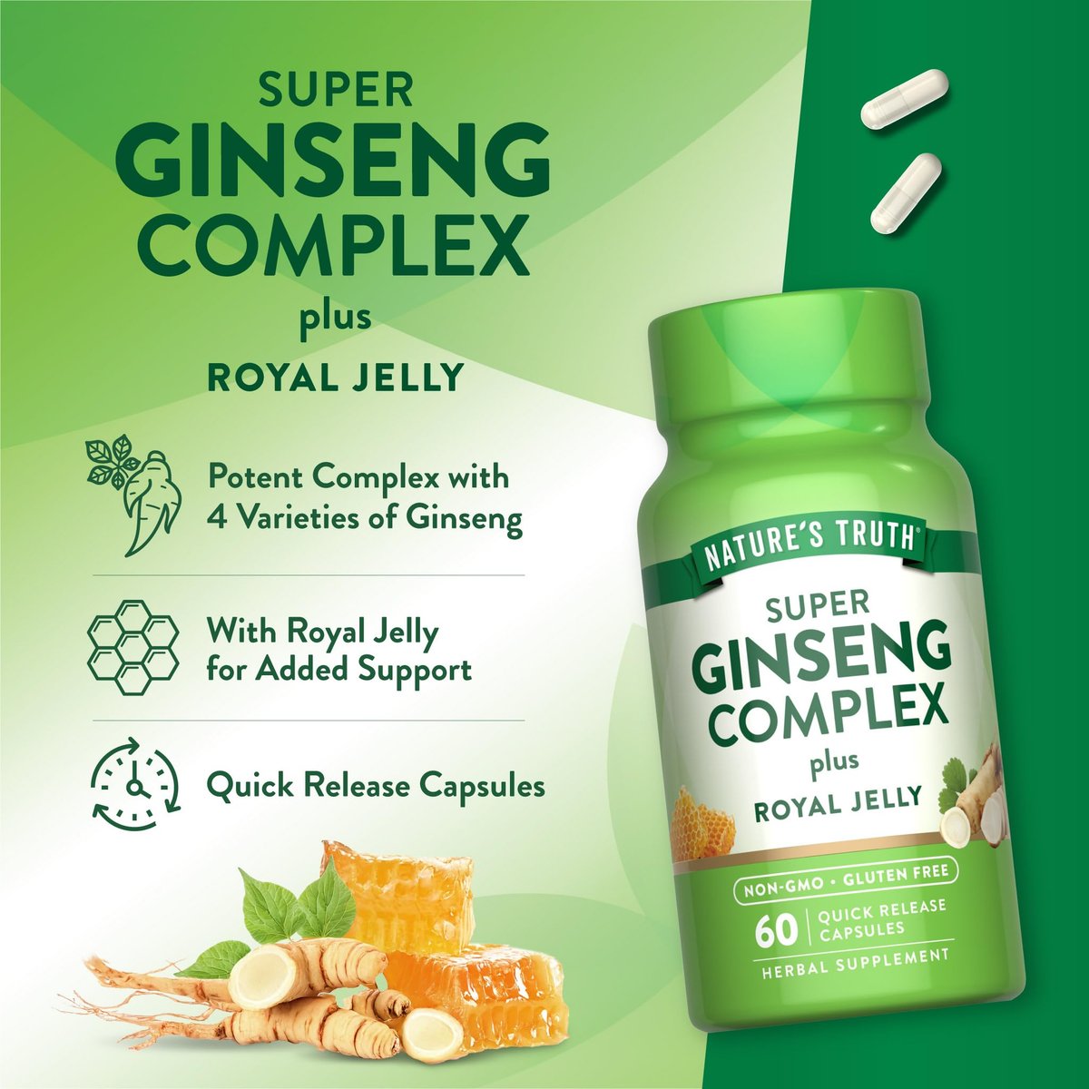 Nature's Truth Super Ginseng Complex mit Gelée Royale | 60 Kapseln | Non-GMO & Glutenfrei