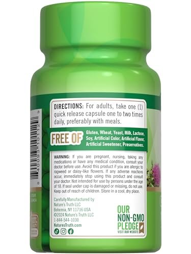 Nature's Truth Mariendistel Samenextrakt | Pflanzliches Nahrungsergänzungsmittel | 100 Kapseln | Non-GMO & Glutenfrei