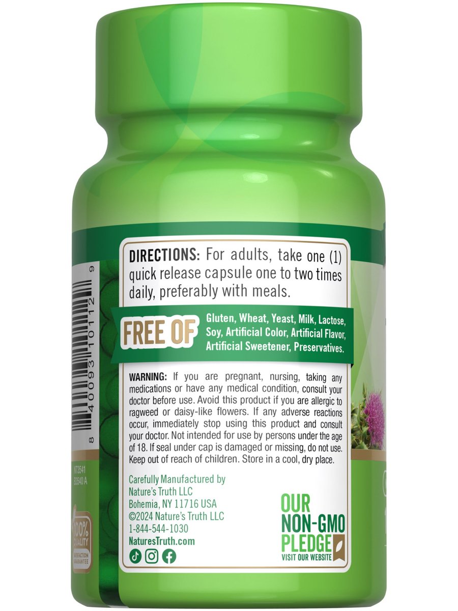 Nature's Truth Mariendistel Samenextrakt | Pflanzliches Nahrungsergänzungsmittel | 100 Kapseln | Non-GMO & Glutenfrei