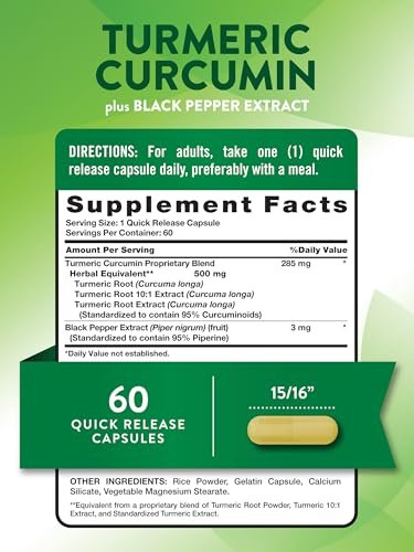 Nature's Truth Kurkuma Curcumin mit Schwarzem Pfeffer Extrakt | 60 Kapseln | Nicht-GMO & Glutenfreies Komplexpräparat