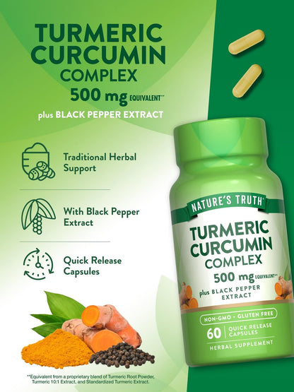 Nature's Truth Kurkuma Curcumin mit Schwarzem Pfeffer Extrakt | 60 Kapseln | Nicht-GMO & Glutenfreies Komplexpräparat