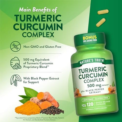 Nature's Truth Kurkuma Curcumin mit Schwarzem Pfeffer Extrakt | 120 Kapseln | Non-GMO & Glutenfrei