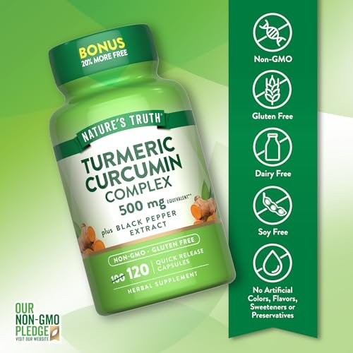 Nature's Truth Kurkuma Curcumin mit Schwarzem Pfeffer Extrakt | 120 Kapseln | Non-GMO & Glutenfrei
