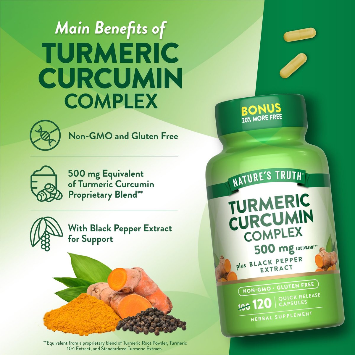 Nature's Truth Kurkuma Curcumin mit Schwarzem Pfeffer Extrakt | 120 Kapseln | Non-GMO & Glutenfrei
