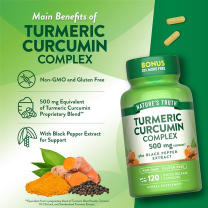 Nature's Truth Kurkuma Curcumin mit Schwarzem Pfeffer Extrakt | 120 Kapseln | Non-GMO & Glutenfrei