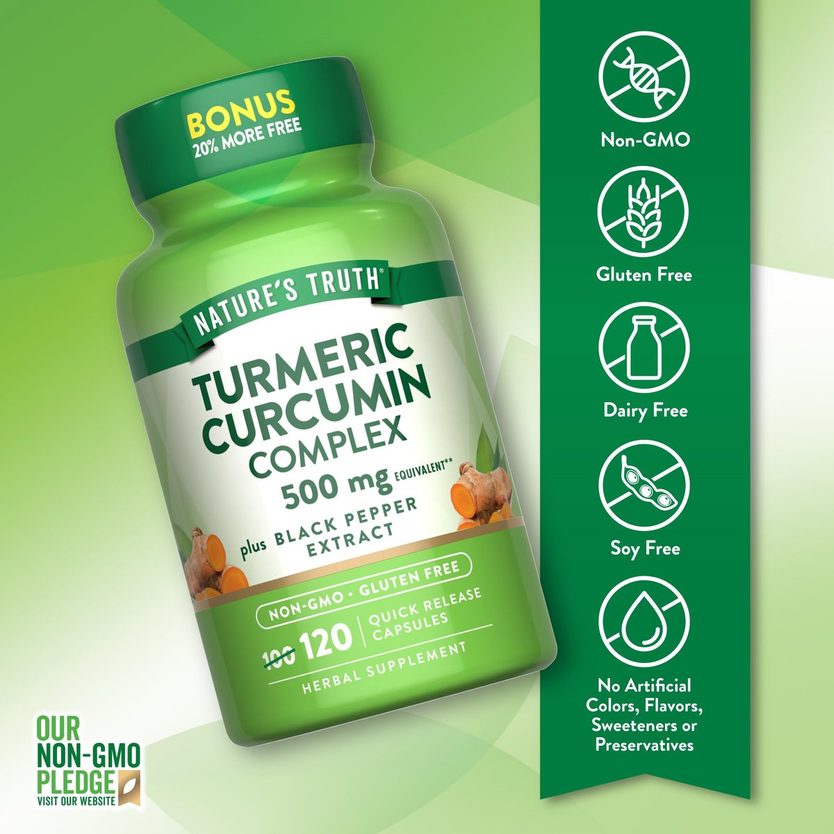 Nature's Truth Kurkuma Curcumin mit Schwarzem Pfeffer Extrakt | 120 Kapseln | Non-GMO & Glutenfrei
