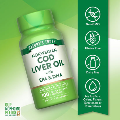 Nature's Truth Norwegisches Lebertranöl | 100 Weichkapseln | mit EPA & DHA | Nahrungsergänzungsmittel, Nicht-GVO & Glutenfrei
