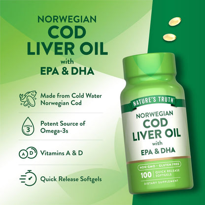 Nature's Truth Norwegisches Lebertranöl | 100 Weichkapseln | mit EPA & DHA | Nahrungsergänzungsmittel, Nicht-GVO & Glutenfrei