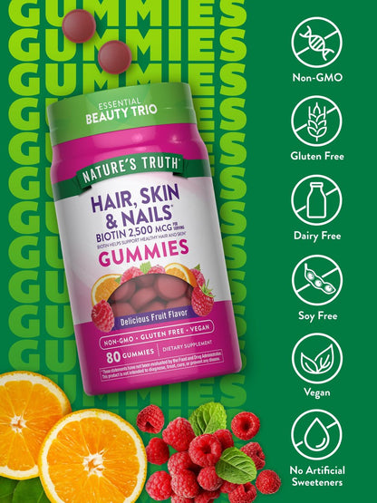 Nature's Truth Haar, Haut und Nägel Gummibärchen | 80 Stück | 2500 mcg Biotin | Vegan, Non-GMO, Glutenfrei | Vitamin für Frauen und Männer