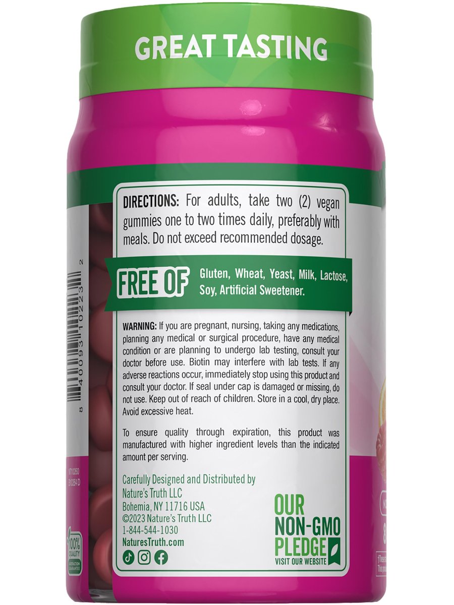 Nature's Truth Haar, Haut und Nägel Gummibärchen | 80 Stück | 2500 mcg Biotin | Vegan, Non-GMO, Glutenfrei | Vitamin für Frauen und Männer