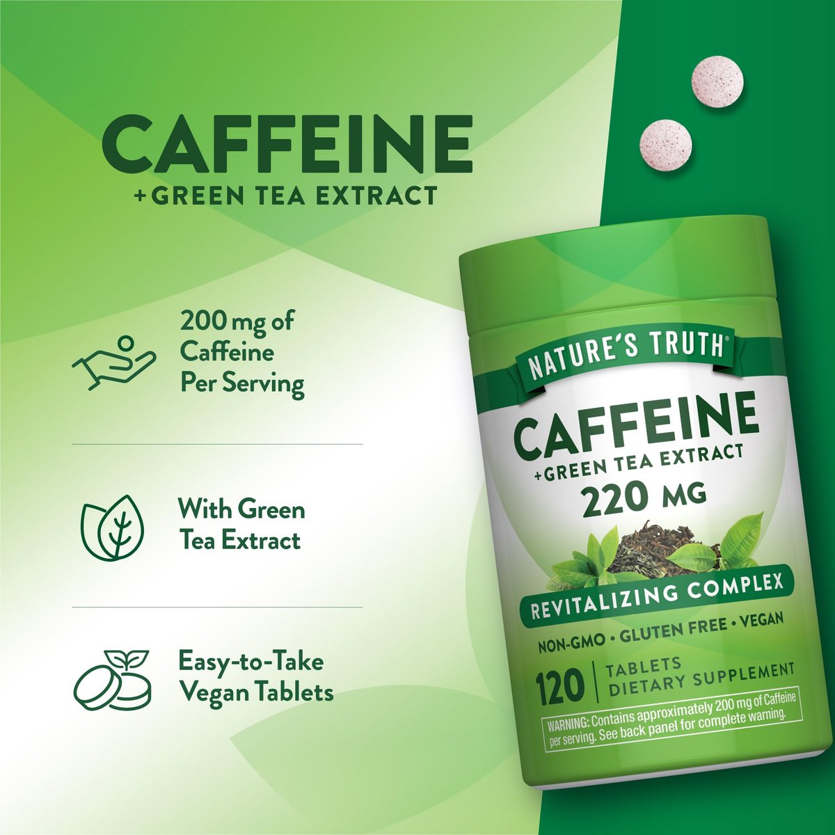 Nature's Truth Koffeinpillen | 220 mg | 120 Stück | Mit Grüntee-Extrakt | Vegan, Nicht-GVO & Glutenfrei