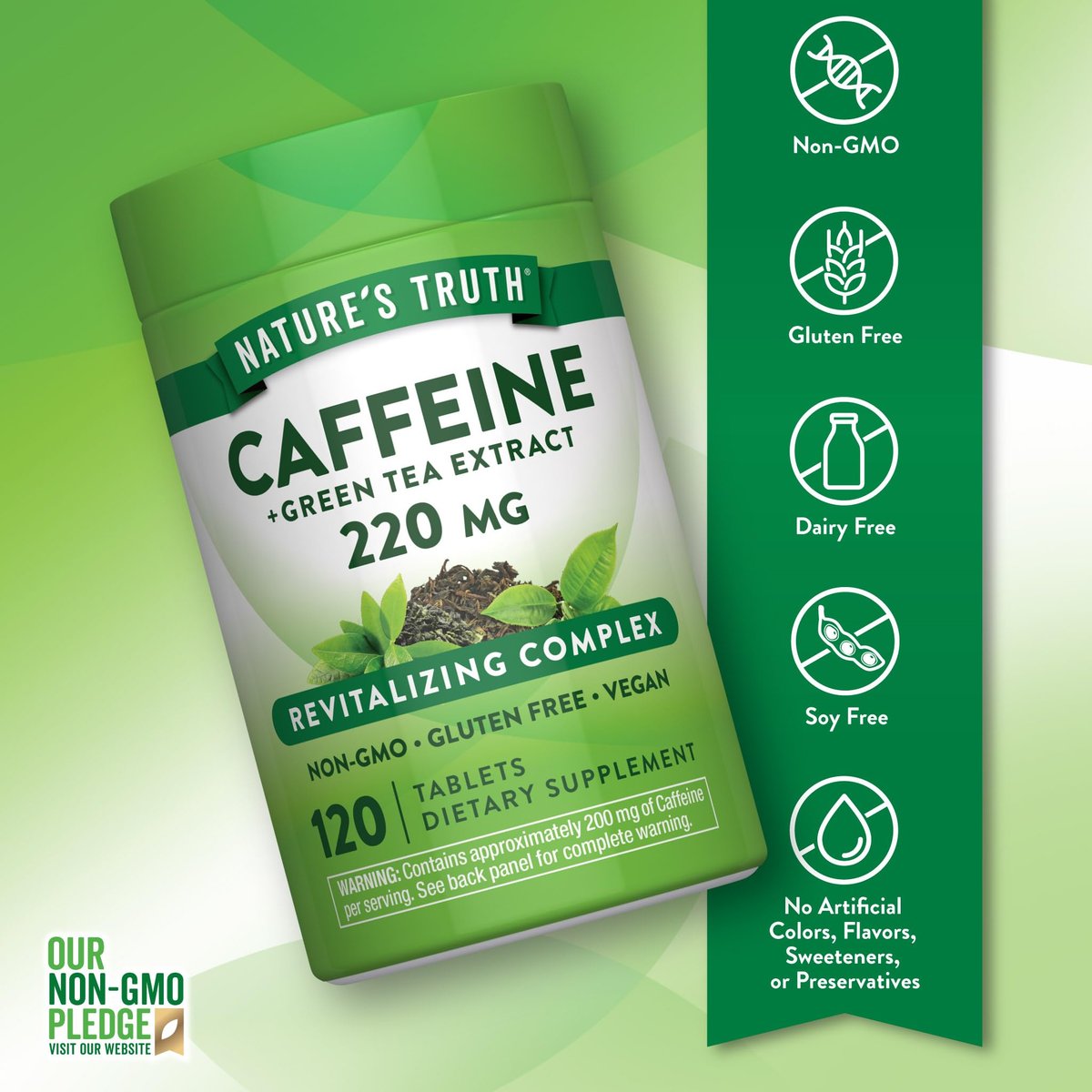 Nature's Truth Koffeinpillen | 220 mg | 120 Stück | Mit Grüntee-Extrakt | Vegan, Nicht-GVO & Glutenfrei