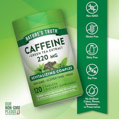 Nature's Truth Koffeinpillen | 220 mg | 120 Stück | Mit Grüntee-Extrakt | Vegan, Nicht-GVO & Glutenfrei