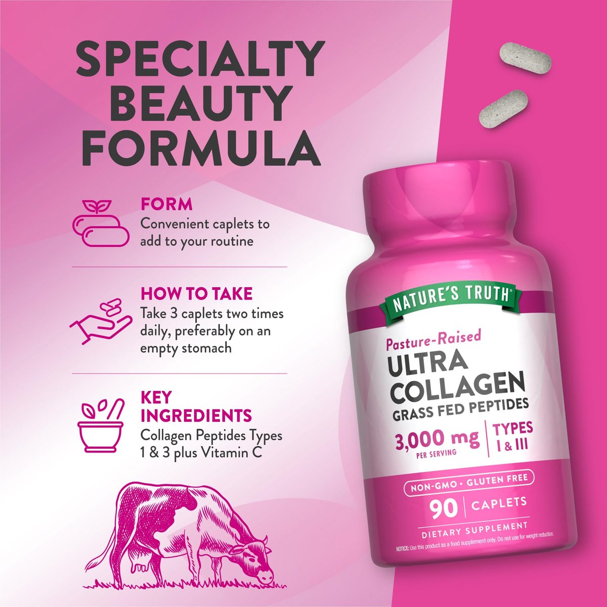 Nature's Truth Kollagenpeptide mit Vitamin C – 90 Kapseln, Typ 1 und 3, grasgefüttert, nicht gentechnisch verändert & glutenfrei