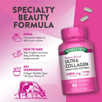 Nature's Truth Kollagenpeptide mit Vitamin C – 90 Kapseln, Typ 1 und 3, grasgefüttert, nicht gentechnisch verändert & glutenfrei