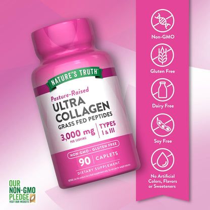 Nature's Truth Kollagenpeptide mit Vitamin C – 90 Kapseln, Typ 1 und 3, grasgefüttert, nicht gentechnisch verändert & glutenfrei