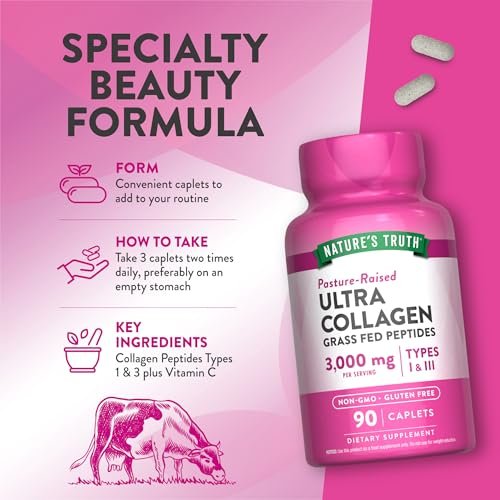 Nature's Truth Kollagenpeptide mit Vitamin C – 90 Kapseln, Typ 1 und 3, grasgefüttert, nicht gentechnisch verändert & glutenfrei