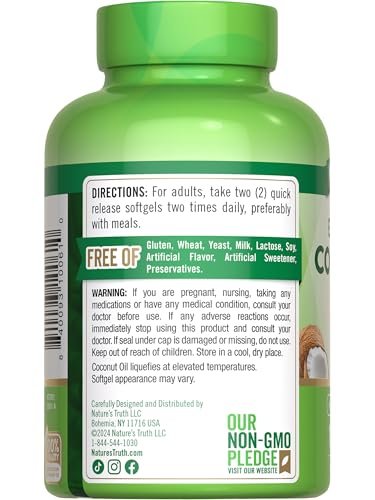Nature's Truth Kokosöl Nahrungsergänzung | 100 Softgels | Natürlich vorkommende MCTs | Non-GMO & Glutenfrei