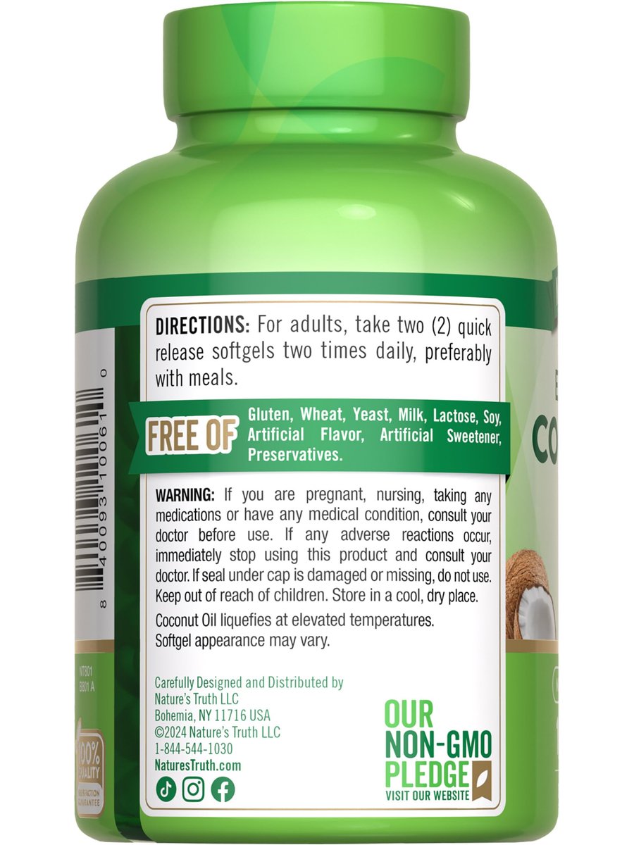 Nature's Truth Kokosöl Nahrungsergänzung | 100 Softgels | Natürlich vorkommende MCTs | Non-GMO & Glutenfrei