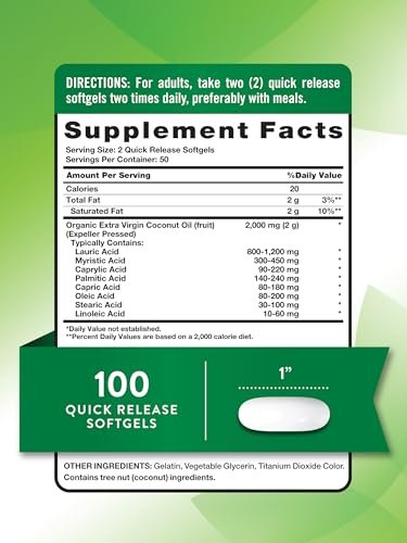 Nature's Truth Kokosöl Nahrungsergänzung | 100 Softgels | Natürlich vorkommende MCTs | Non-GMO & Glutenfrei