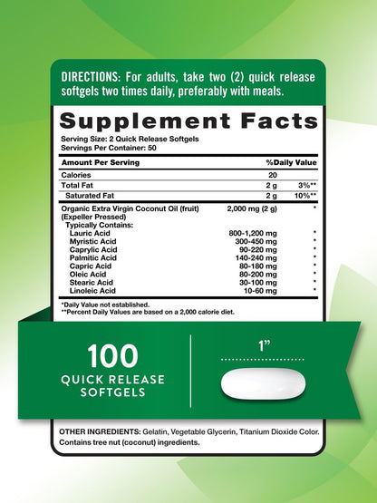 Nature's Truth Kokosöl Nahrungsergänzung | 100 Softgels | Natürlich vorkommende MCTs | Non-GMO & Glutenfrei