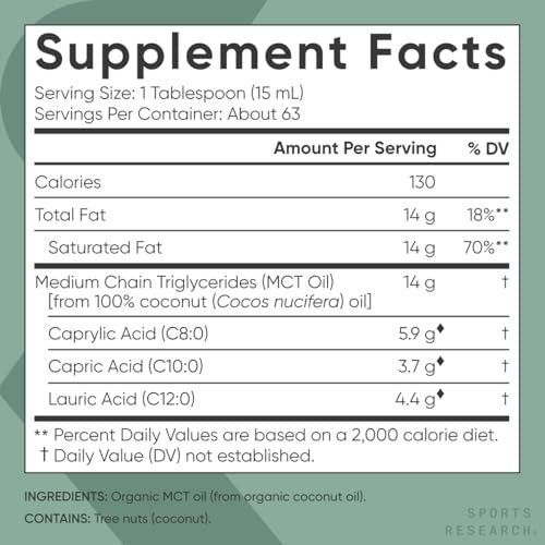 Sports Research Bioaktives MCT-Öl aus Kokosnüssen – Keto & Vegan, mit C8, C10 & C12 – Geschmacksneutral – 946 ml