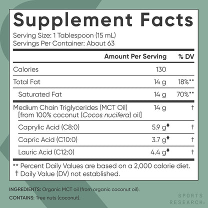 Sports Research Bioaktives MCT-Öl aus Kokosnüssen – Keto & Vegan, mit C8, C10 & C12 – Geschmacksneutral – 946 ml