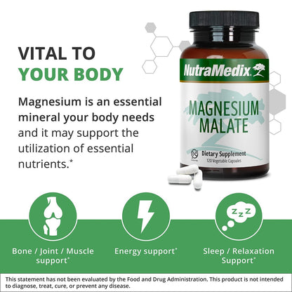 NutraMedix Magnesium Malat Energiepräparat – Bioverfügbares Magnesium für Schlaf, Immunsystem & Gelenkgesundheit – Vegan, Non-GMO & Glutenfrei (120 Kapseln)